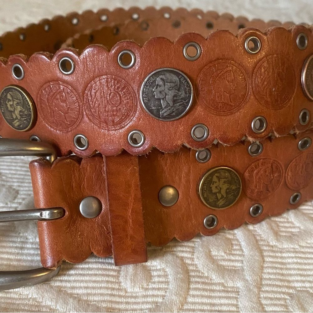 Fossil Nautical Coin Accented Brown Leather Belt Western Size Medium - Picture 2 of 7